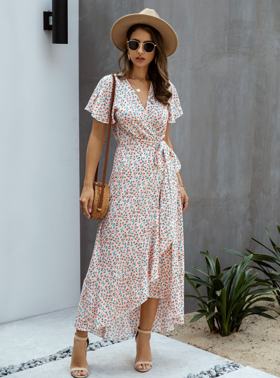 Pink Polka Dot V-Neck Ruffle Short-Sleeved Beach Vacation Summer Dress S / Pink Dresses