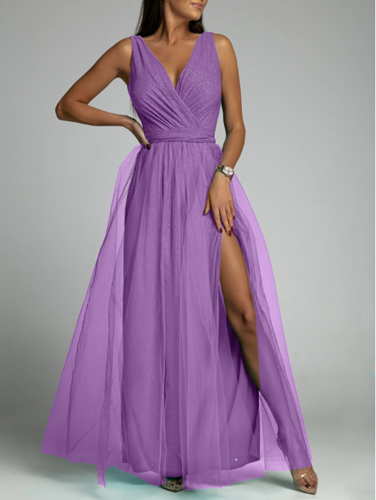 V-Neck Waist Slim Split Big Swing Shiny Dress S / Red Dresses