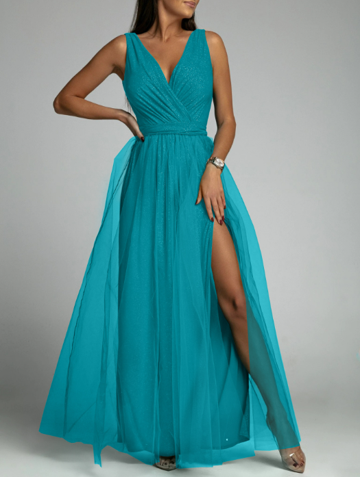 V-Neck Waist Slim Split Big Swing Shiny Dress M / White Dresses