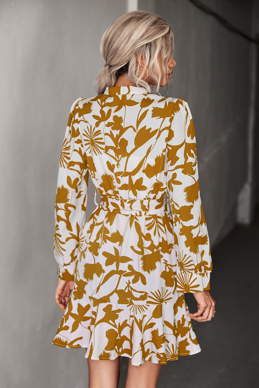 Woven Belt Waist Dress With Long Sleeves L / Yellow