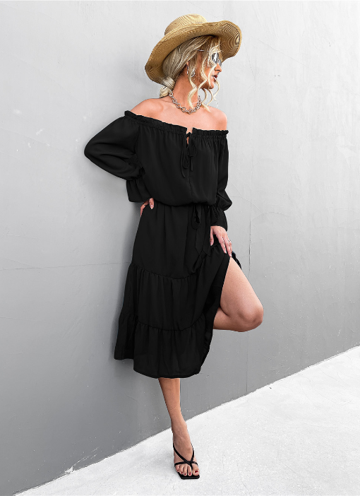 Elegant Lace-Up One-Shoulder Long Dress M / Wine Red