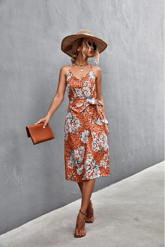 Seductive Suspender V-Neck Dress With Strap Slit S / Orange