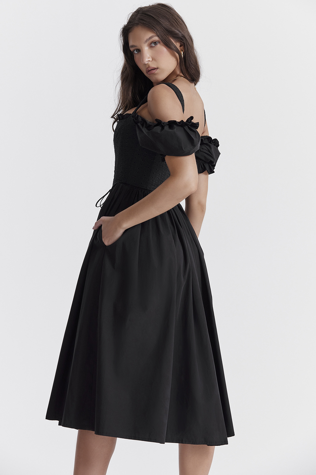 Silvana Black Puff Sleeve Midi Sundress