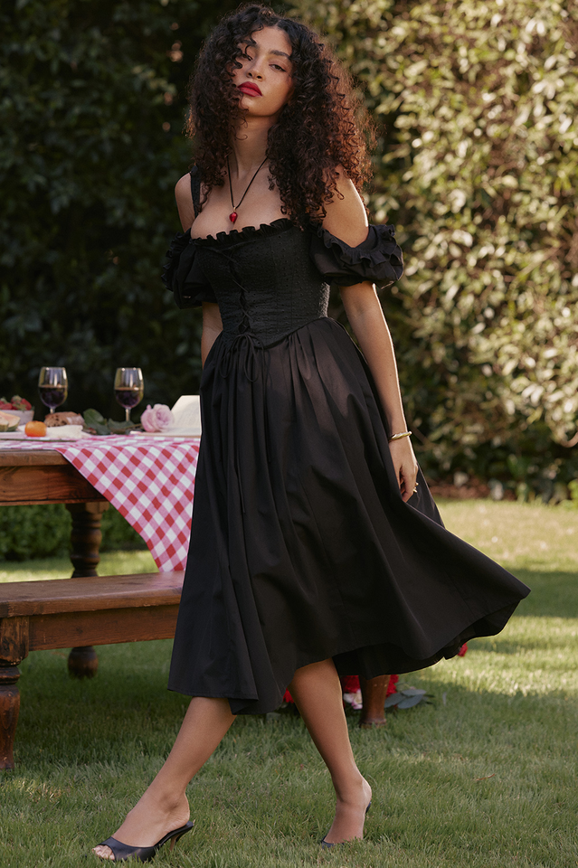 Silvana Black Puff Sleeve Midi Sundress