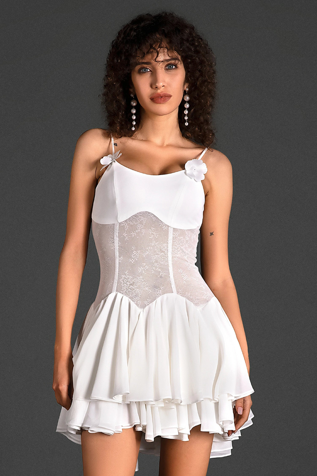 Ganili Spaghetti Sheer Charming Ruffle Mini Dress