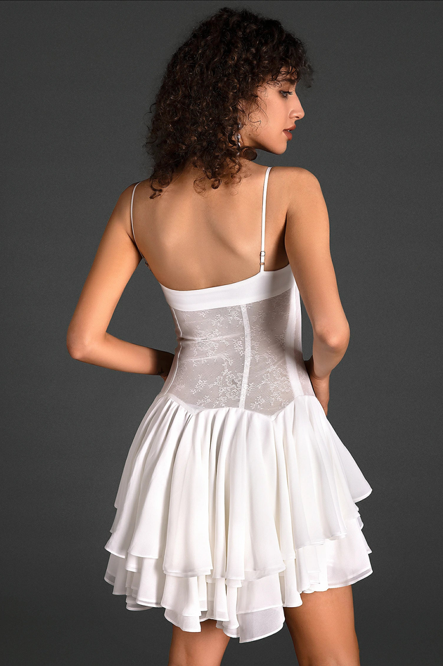 Ganili Spaghetti Sheer Charming Ruffle Mini Dress