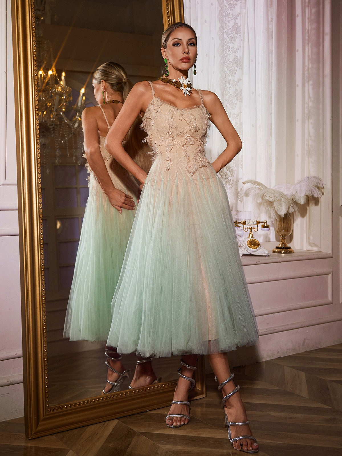Spaghetti Ombre Lace Midi Dress