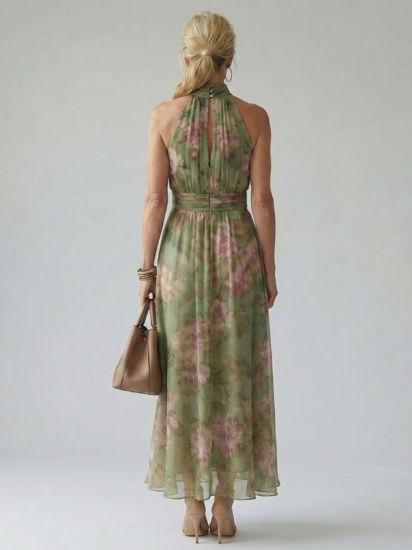Sage Green Halter Neck Floral Ruched Waist Flowing Chiffon Maxi Gown 4