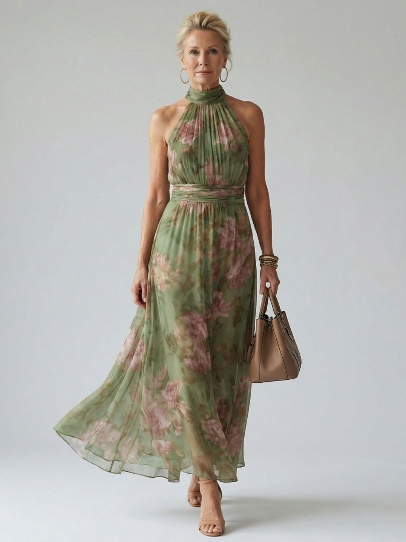 Sage Green Halter Neck Floral Chiffon Ruched A-Line Maxi Dress