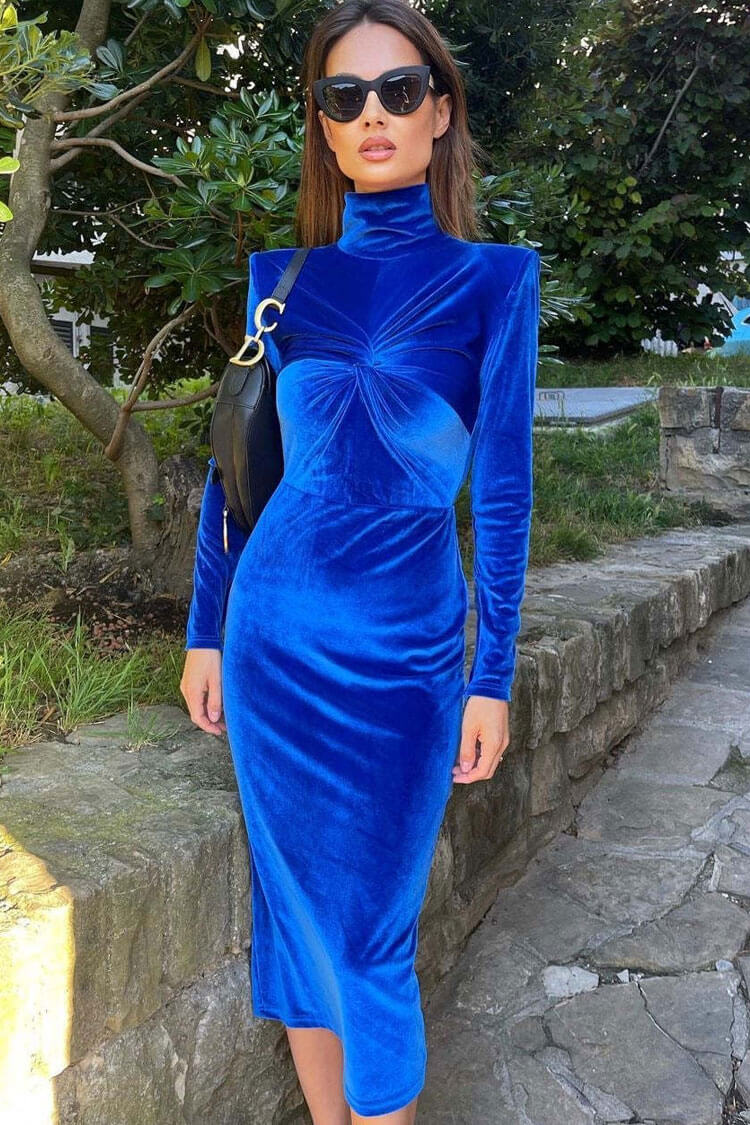 Royal Blue High Neck Long Sleeve Velvet Twist Front Bodycon Midi Dress