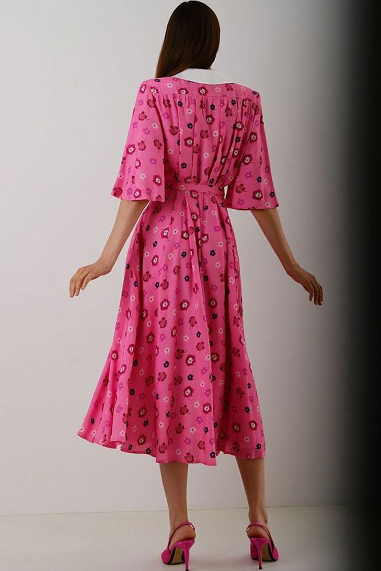 Black Oversized Collar Short Sleeve Floral A-Line Midi Dress