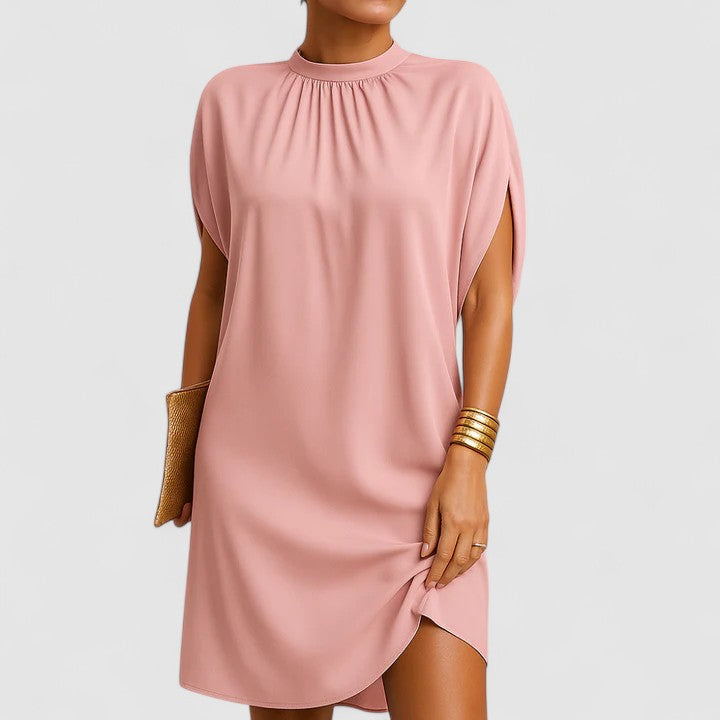Mock Neck Gathered Cape Sleeve Curved Hem Shift Mini Dress