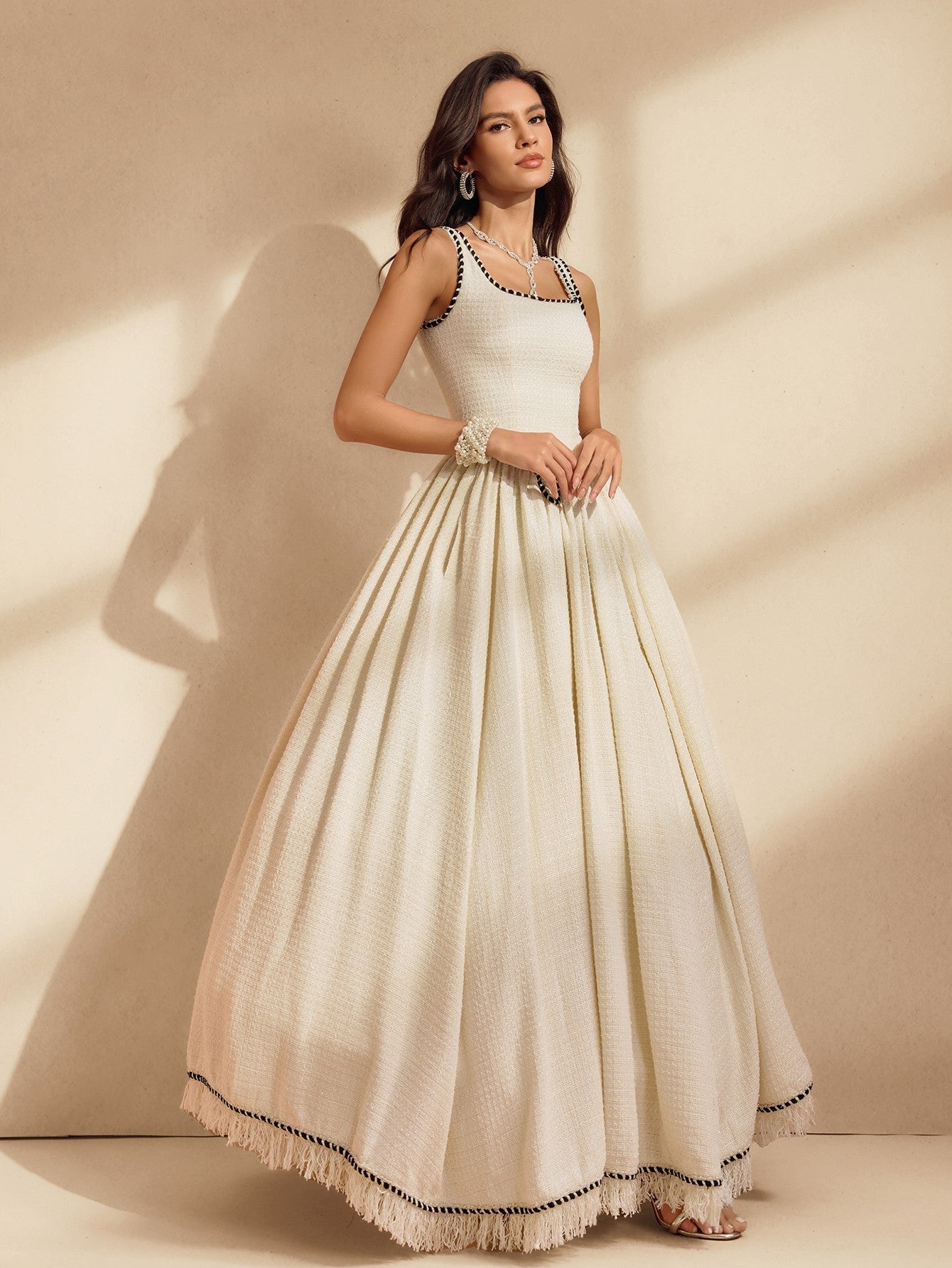 Spaghetti Fringe Bubble Maxi Dress With Crinoline