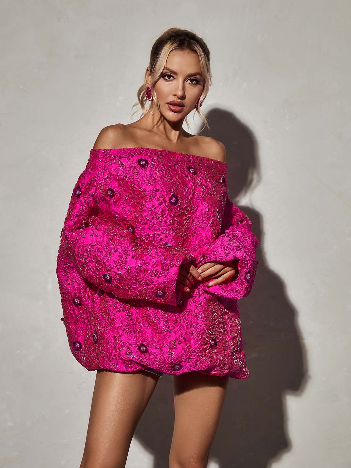Off-Shoulder Floral Jacquard Puff Sleeve Oversized Mini Dress