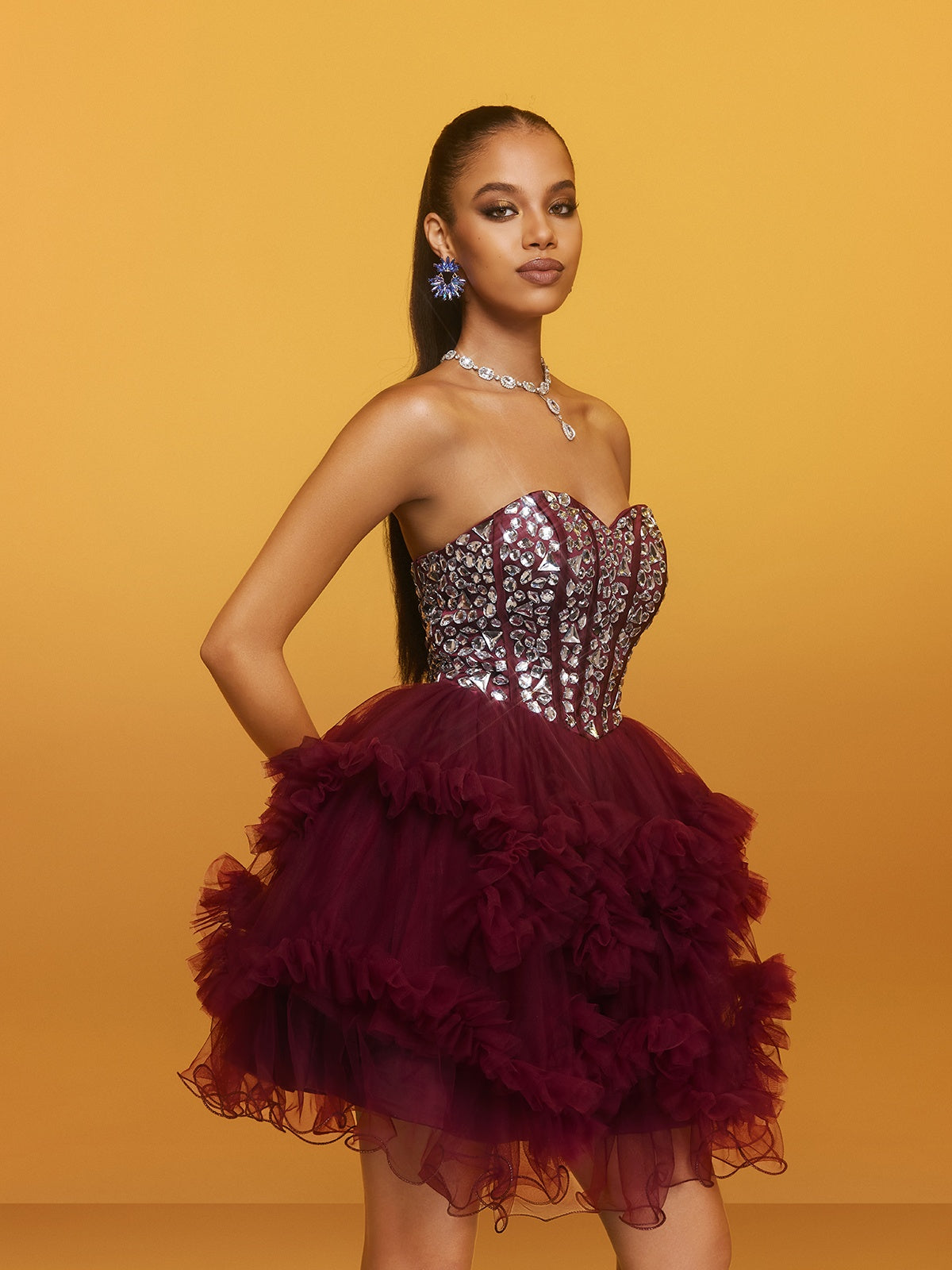 Strapless Crystal Mini Dress In Wine