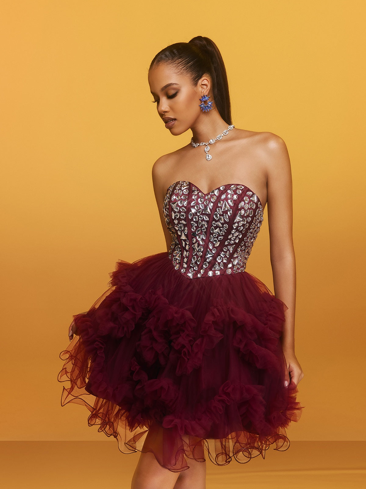 Strapless Crystal Mini Dress In Wine