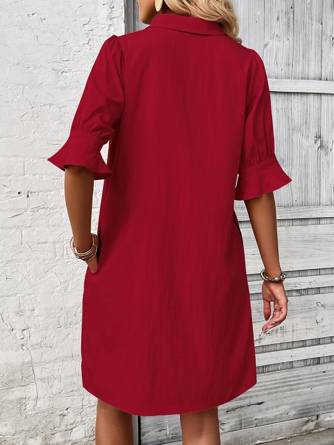 Collared Half Button Roll Sleeve Pocket Shift Mini Dress 11