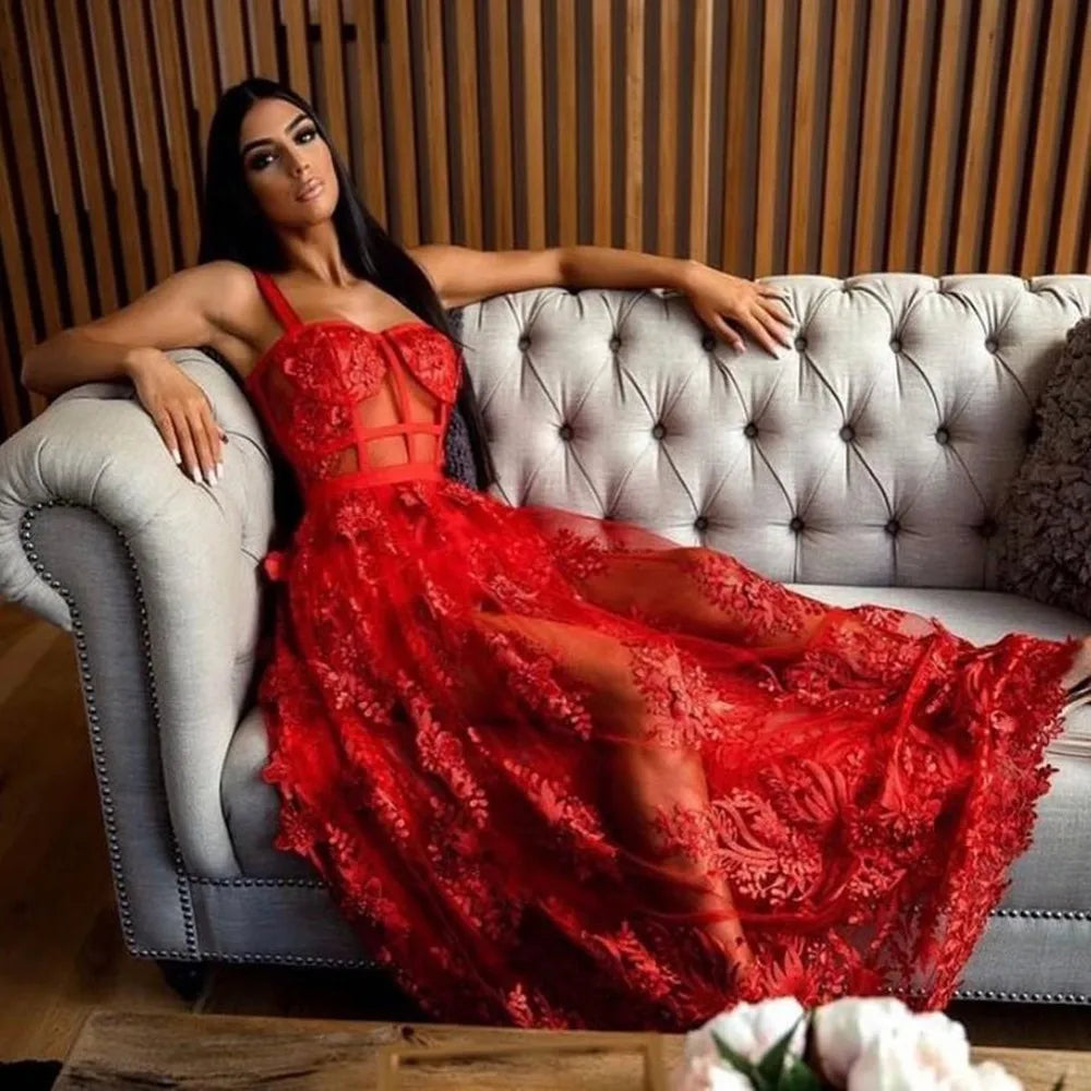 Red Color Celebrity Fashion Sleeveless Sexy Backless Lace Long Dress Party Dress