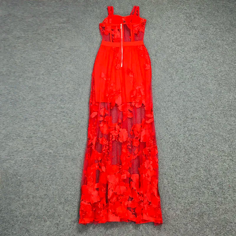 Red Color Celebrity Fashion Sleeveless Sexy Backless Lace Long Dress Party Dress