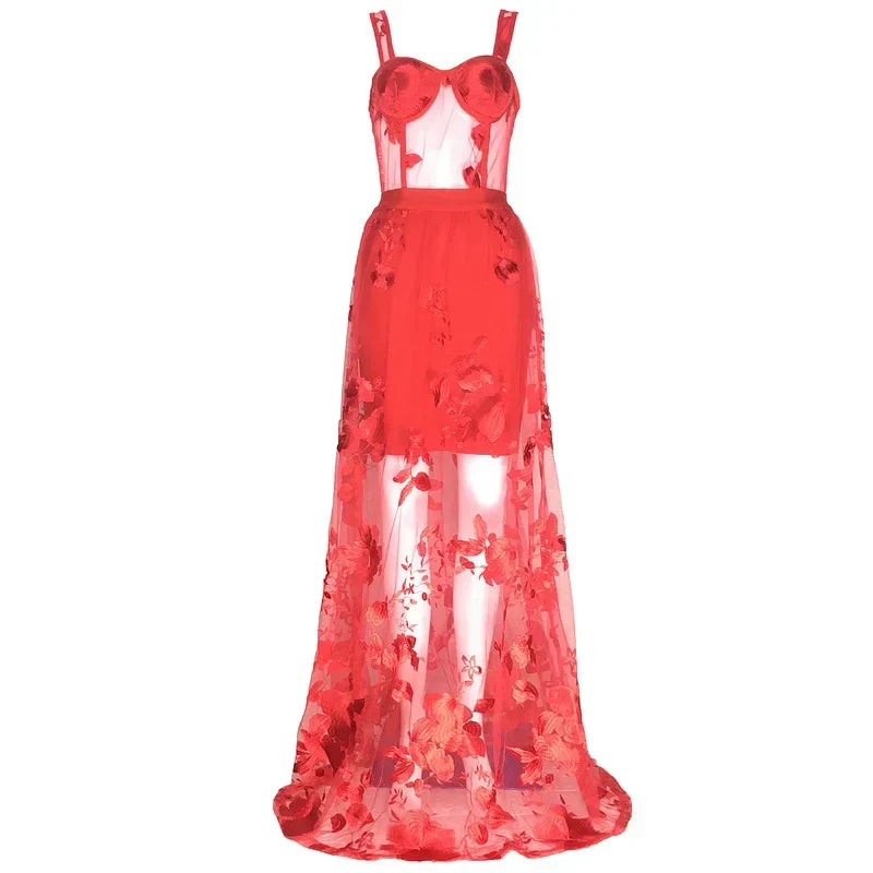 Red Color Celebrity Fashion Sleeveless Sexy Backless Lace Long Dress Party Dress