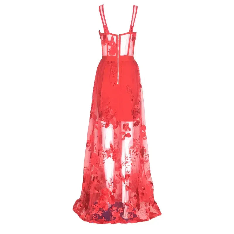 Red Color Celebrity Fashion Sleeveless Sexy Backless Lace Long Dress Party Dress