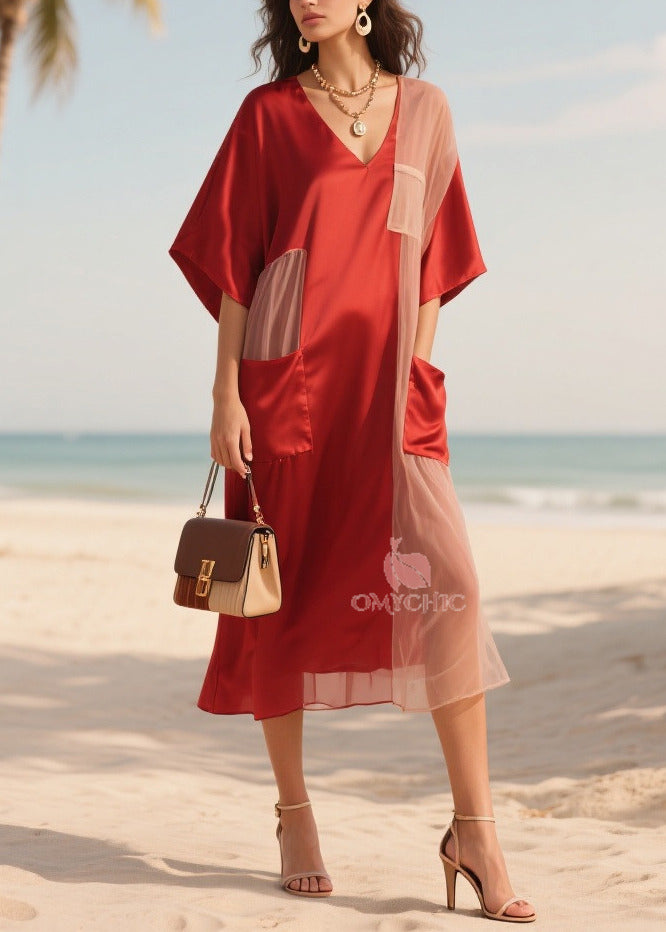 Red Patchwork Tulle Robe Dresses Asymmetrical Summer