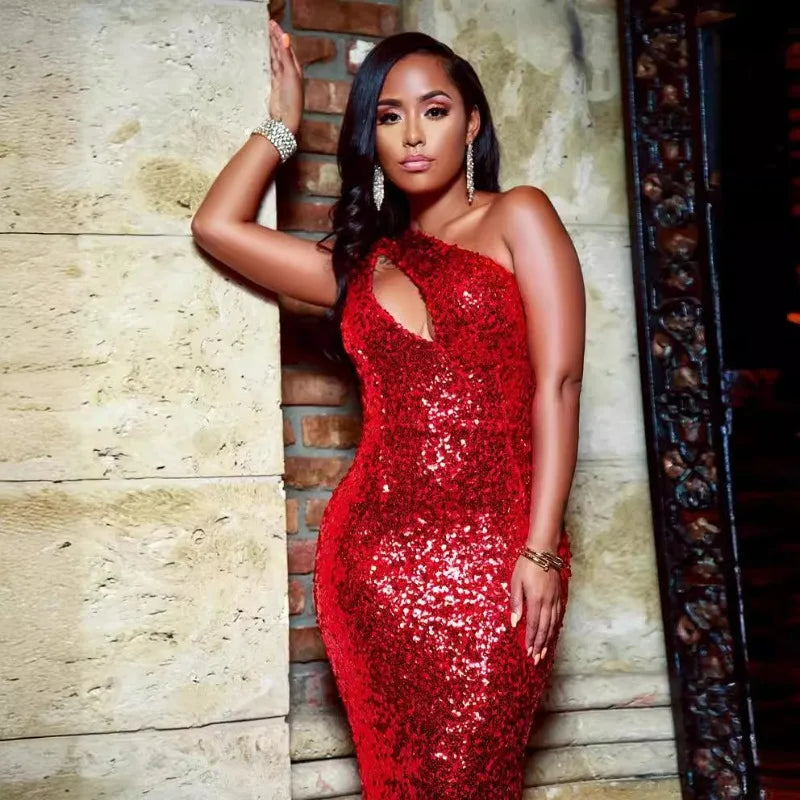 Red Sequins Bodycon Maxi Evening Party Dresses Sexy Hollow One Party Dress
