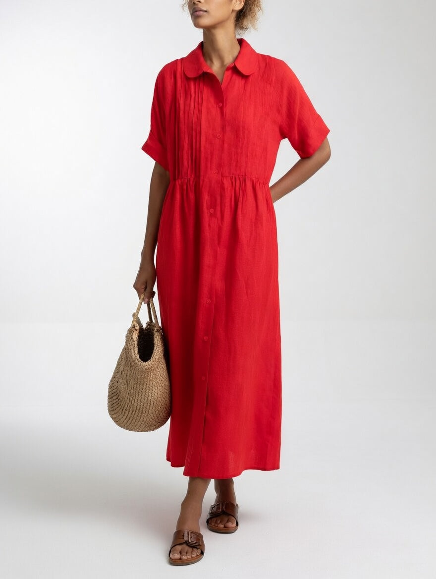 Collared Pintuck Pleated Short Sleeve Linen A-Line Maxi Shirt Dress