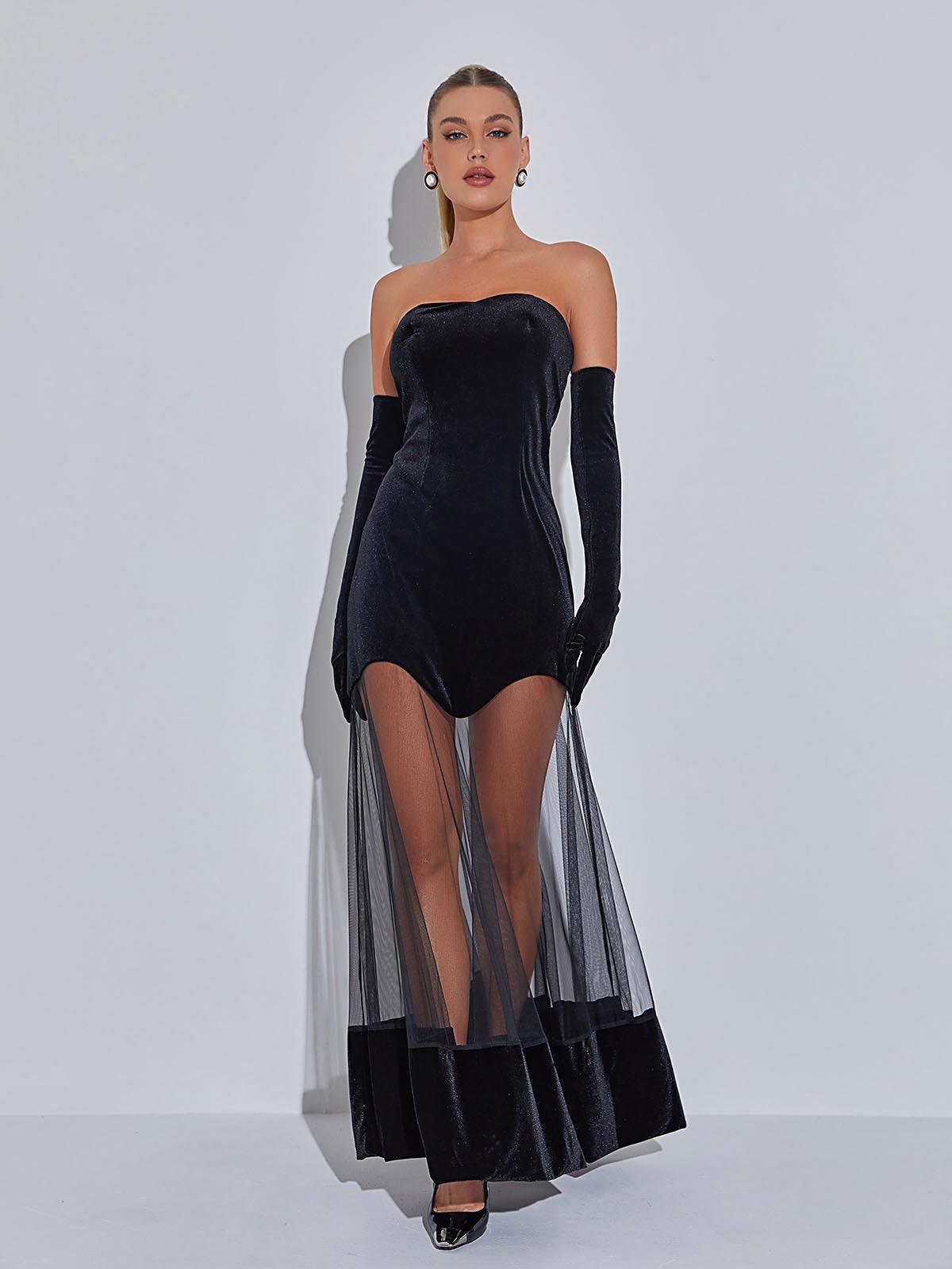 Strapless Velvet Sheer Mesh Overlay Maxi Dress