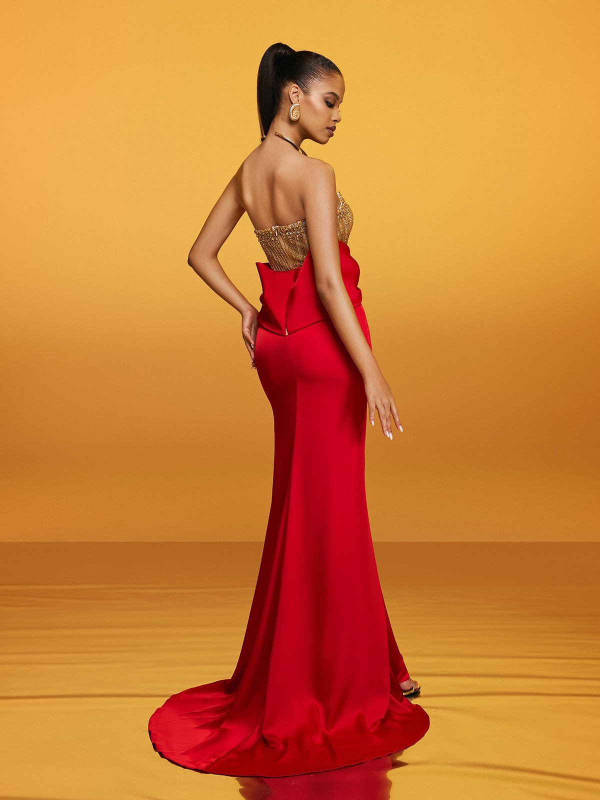 Strapless Bow Satin Maxi Dress