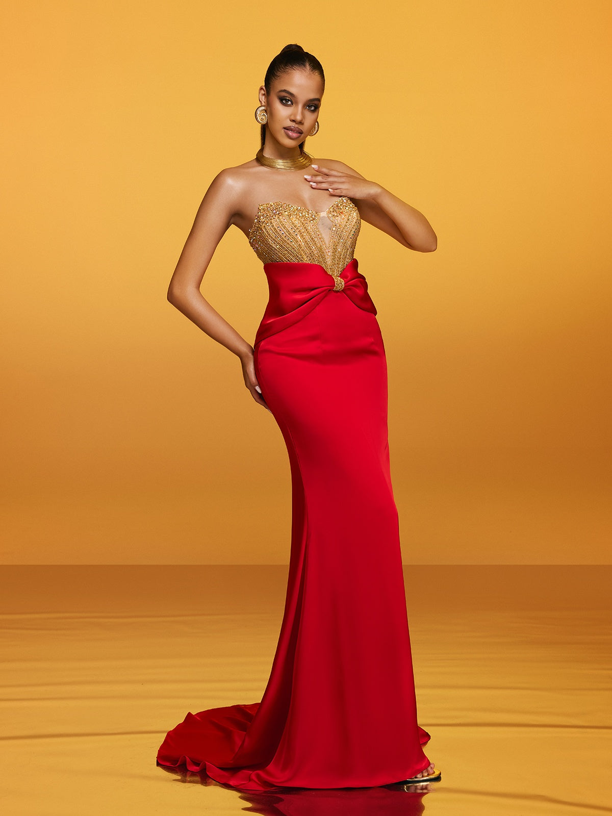Strapless Bow Satin Maxi Dress