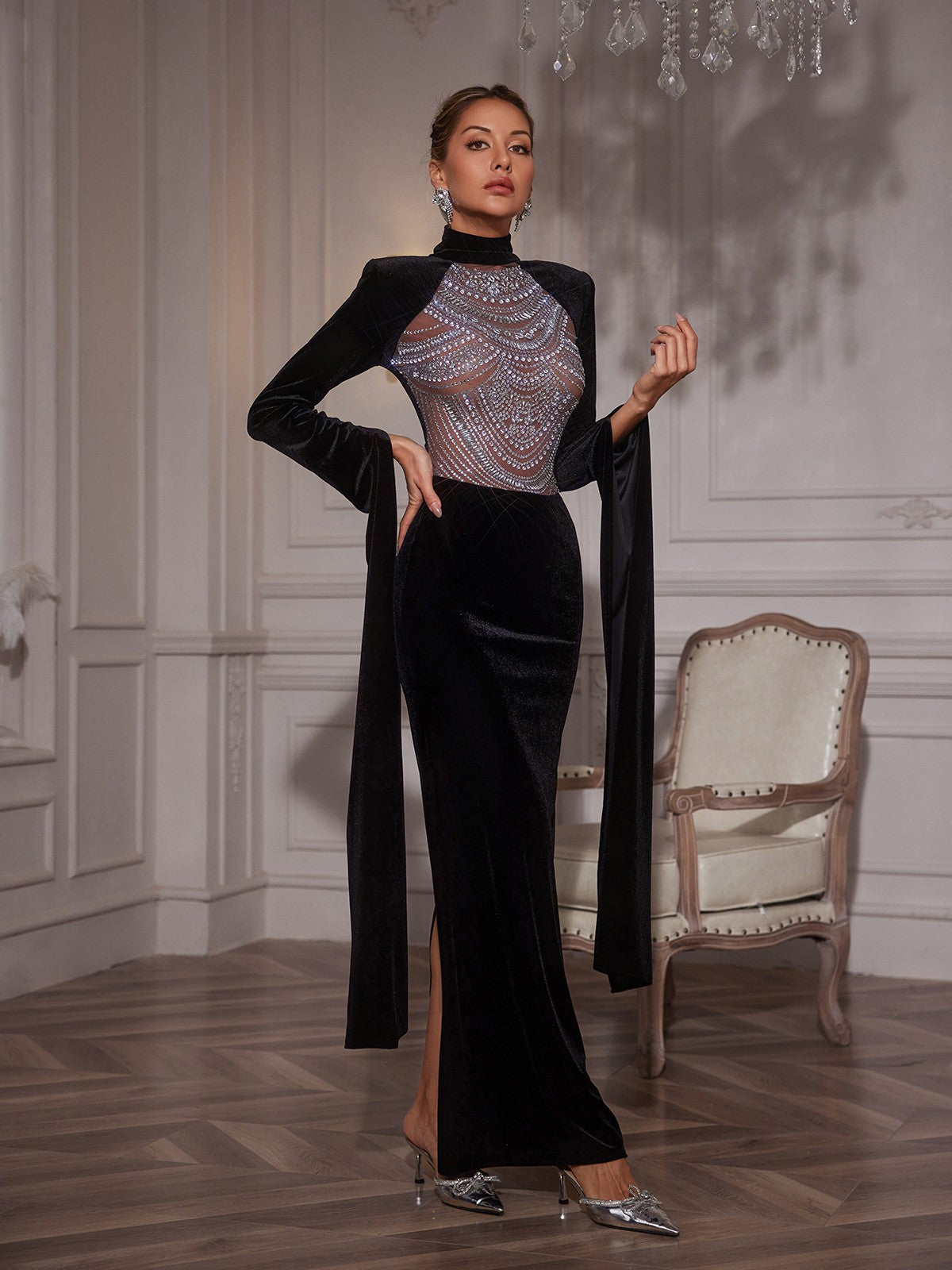 Rhinestone Velvet Maxi Dress