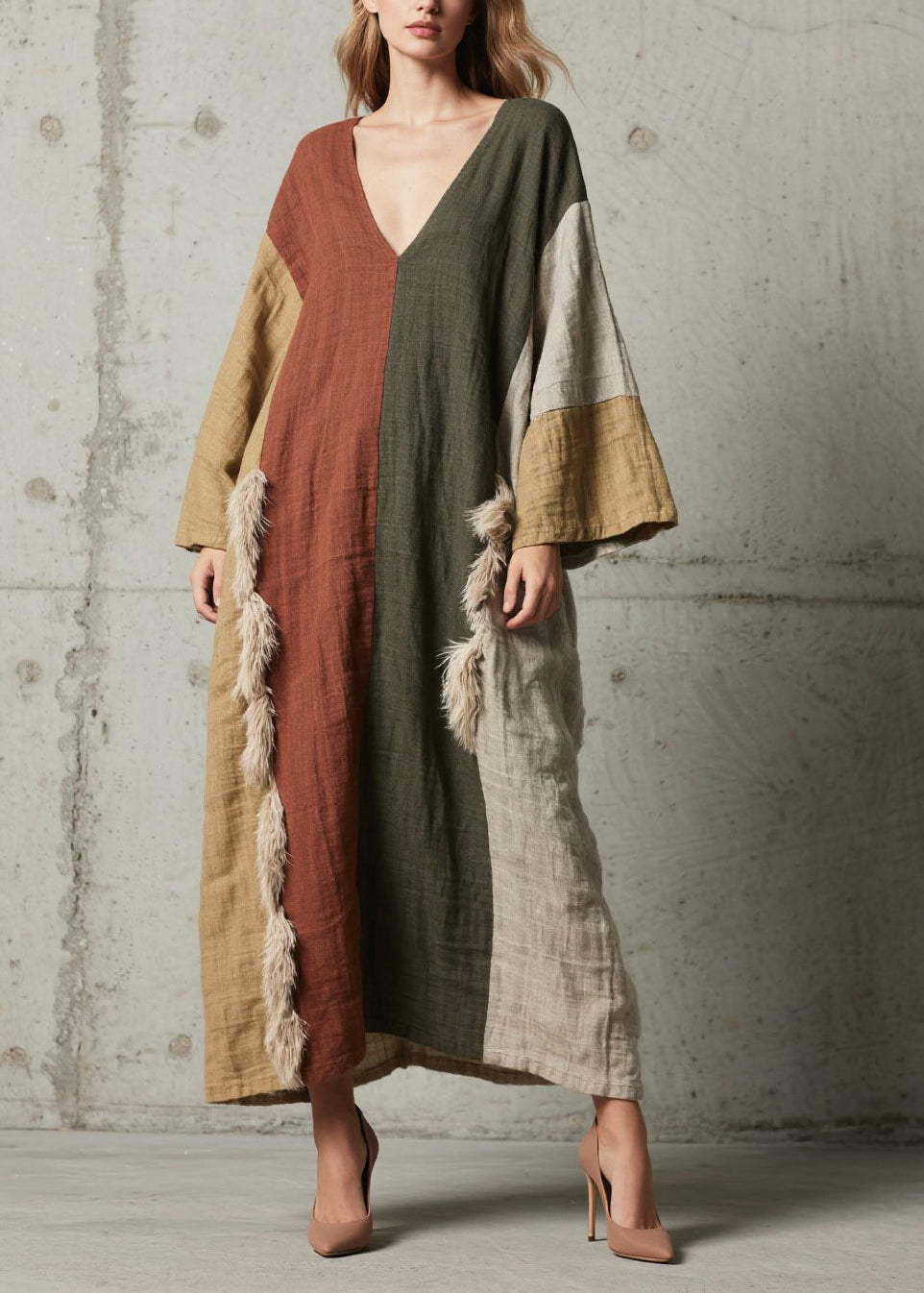 Retro Colorblock Oversized Patchwork Faux Fur Maxi Dresses Fall