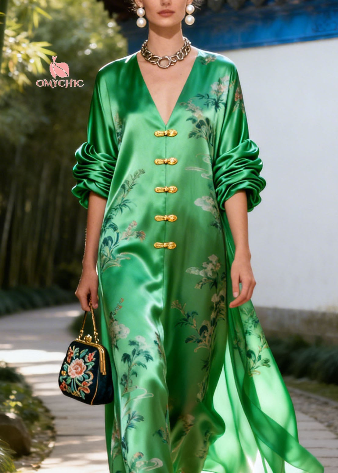 Retro Green V Neck Print Wrinkled Silk Vacation Dresses