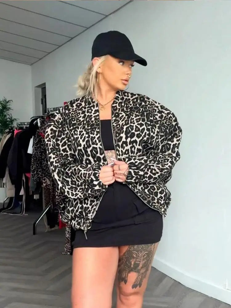 Retro Leopard Print Cotton Autumn Chic Oneck Long Sleeve Zipper Warm Coat