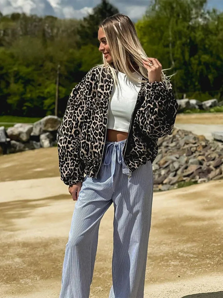 Retro Leopard Print Cotton Autumn Chic Oneck Long Sleeve Zipper Warm Coat
