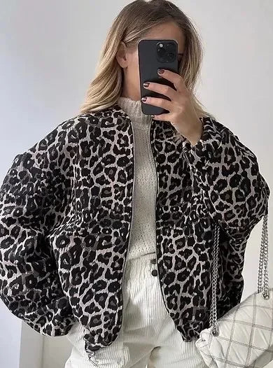 Retro Leopard Print Cotton Autumn Chic Oneck Long Sleeve Zipper Warm Coat