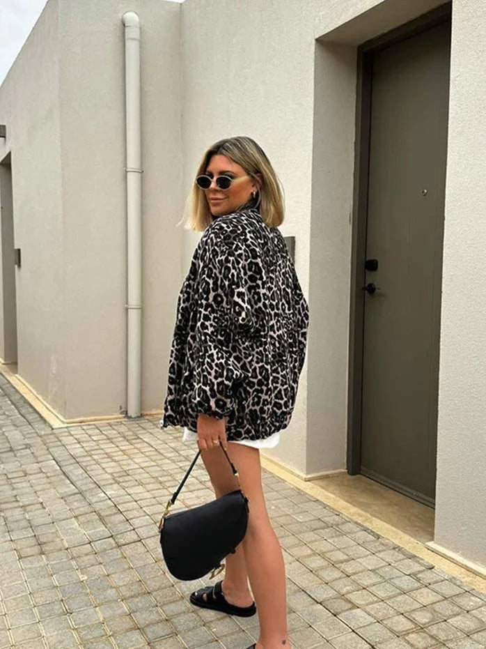 Retro Leopard Print Cotton Autumn Chic Oneck Long Sleeve Zipper Warm Coat