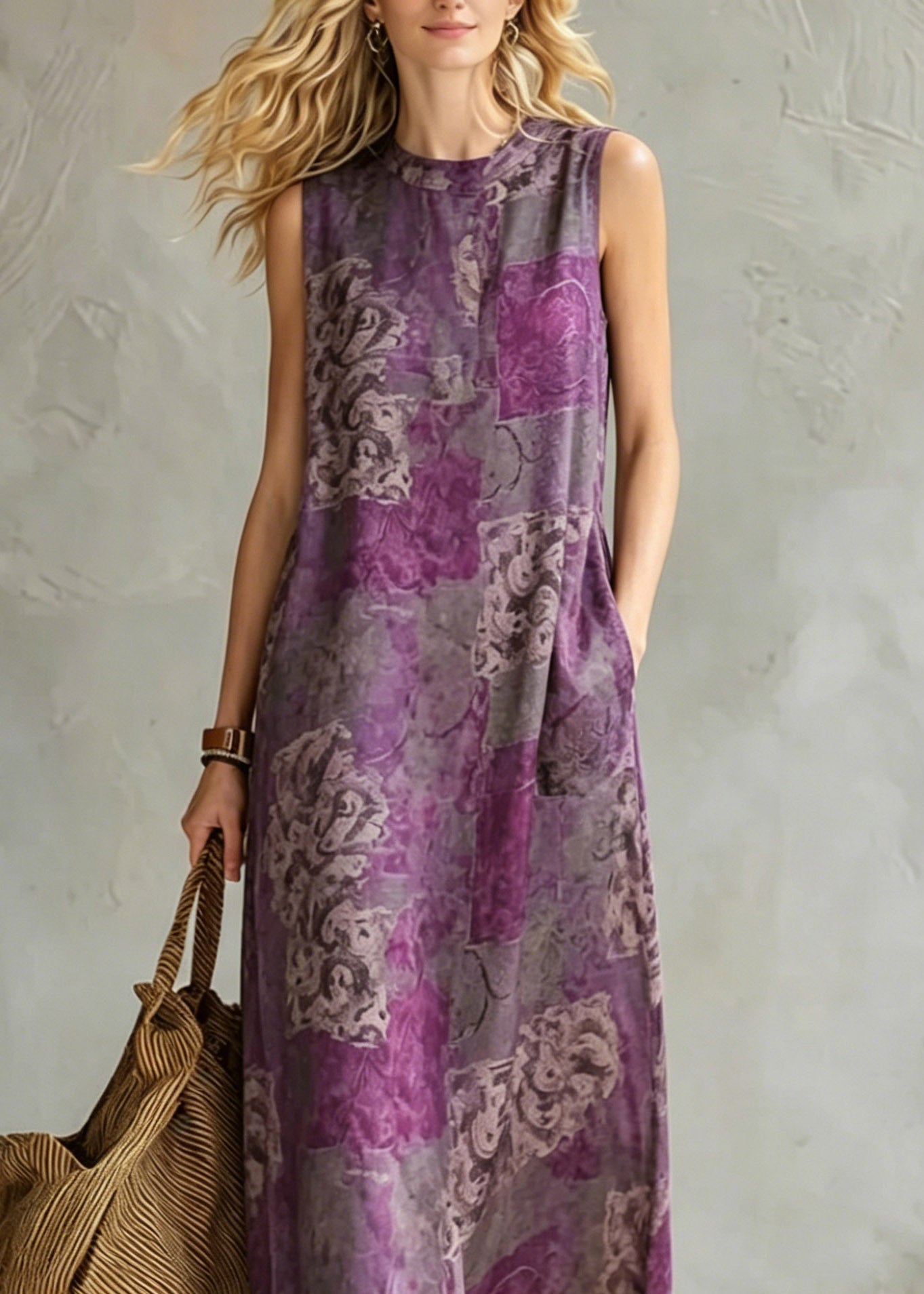 Retro Purple Pockets Patchwork Maxi Dress Summer