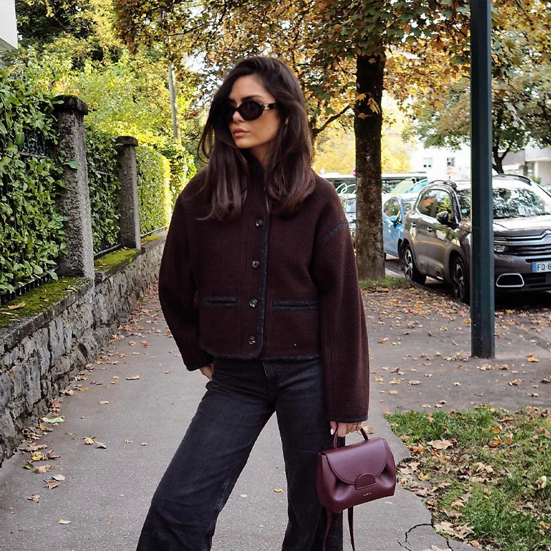 Retro Fall Winter Long Stand Singlebreasted Loose Elegant Office Lady Coat