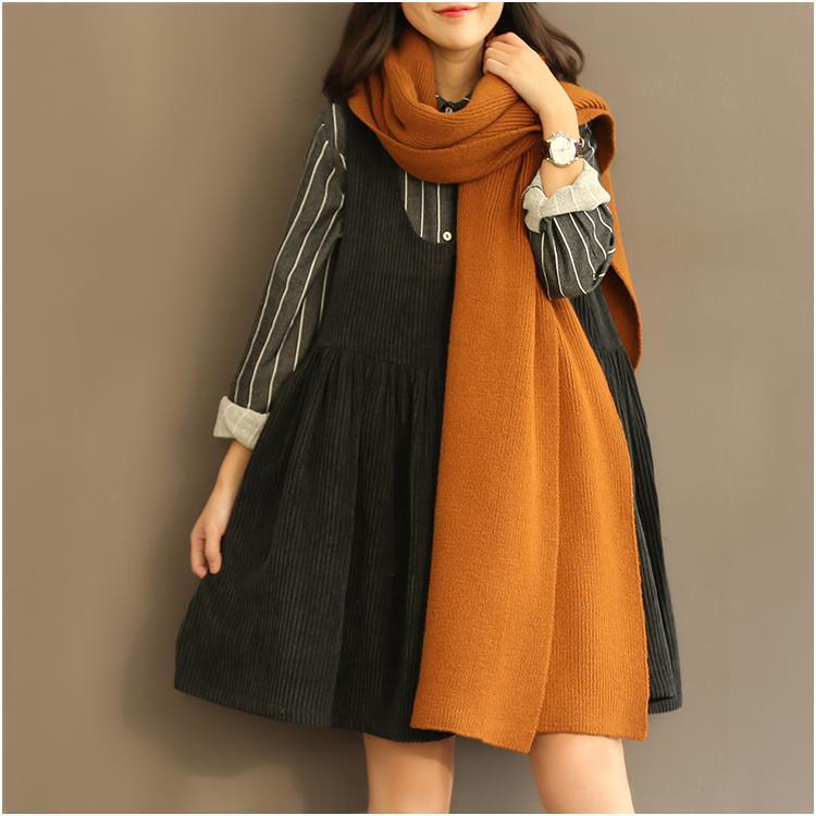 Retro black corduroy cotton spring dresses U neck strap dress sleeveless