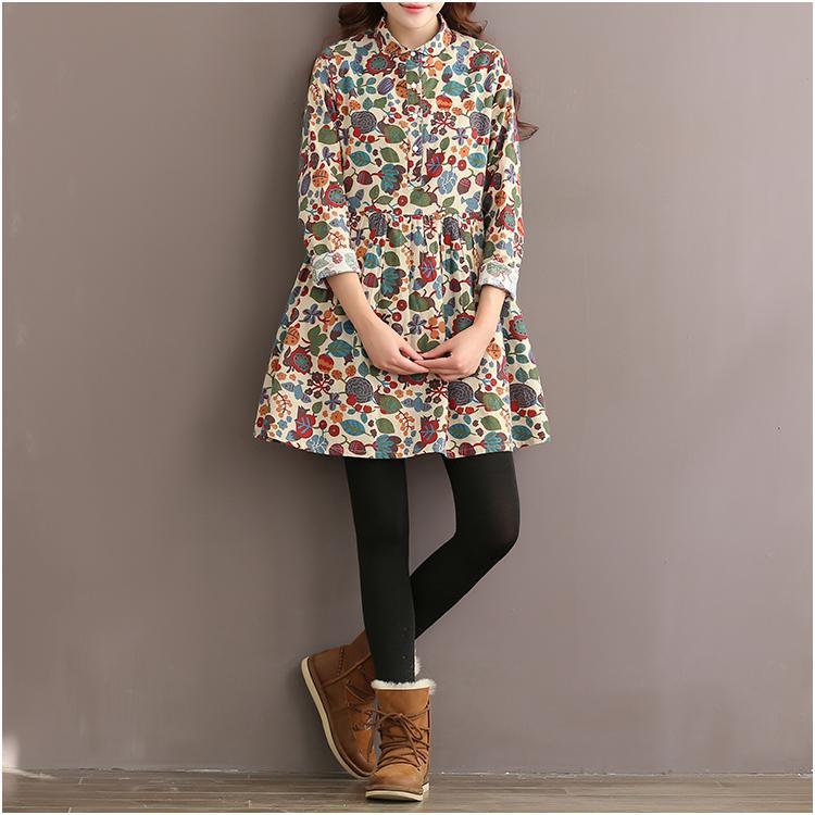 Retro floral cotton dress spring shirt dresses long sleeve pink