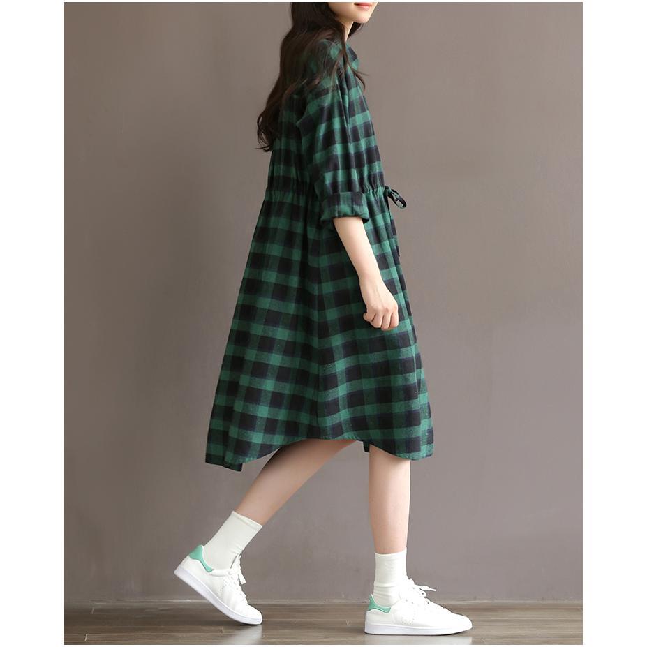 Retro green plaid cotton shirt dress plus size cotton dresses long sleeve