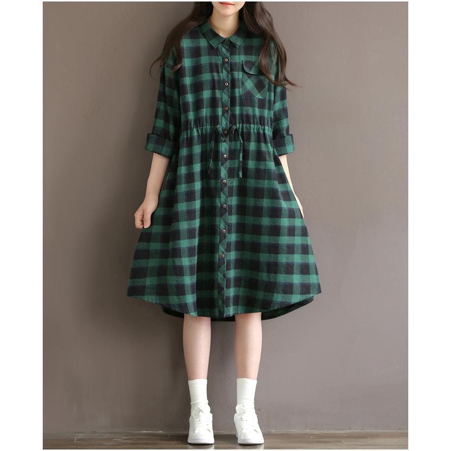 Retro green plaid cotton shirt dress plus size cotton dresses long sleeve