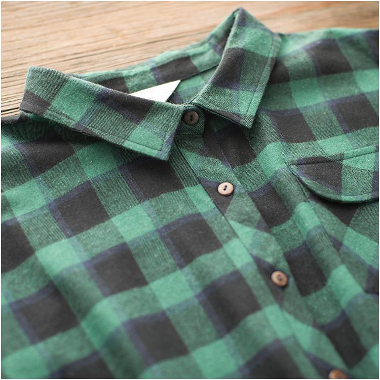 Retro green plaid cotton shirt dress plus size cotton dresses long sleeve