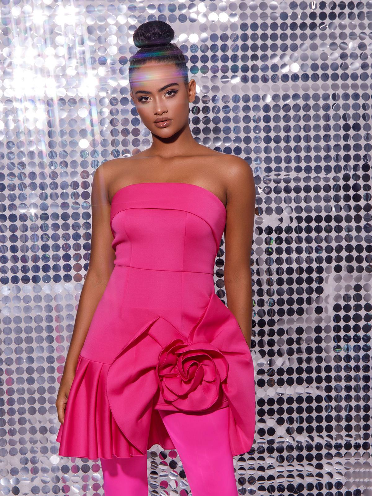 Strapless Rosette Applique Ruffle Hem Bodycon Mini Dress