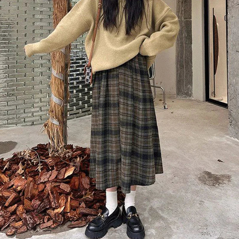 Vintage Woolen Plaid High Waist ALine Midi Skirt
