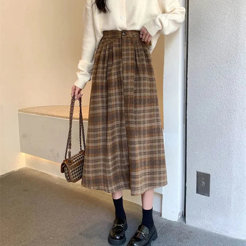 Vintage Woolen Plaid High Waist ALine Midi Skirt