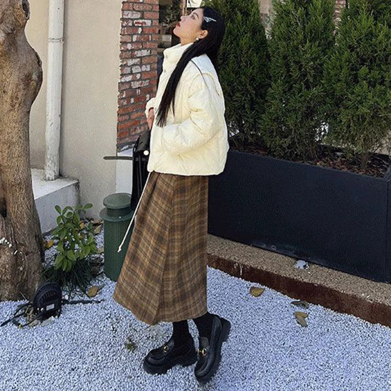 Vintage Woolen Plaid High Waist ALine Midi Skirt