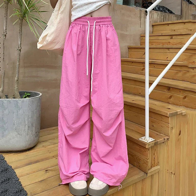 Parachute High Waist Drawstring Wide Leg Pant Pink / S pant-250223